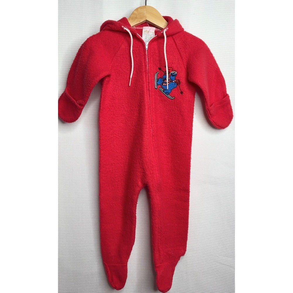 Vintage Sesame Street Embroidered Cookie Monster Fleece Hooded Footed Red Medium